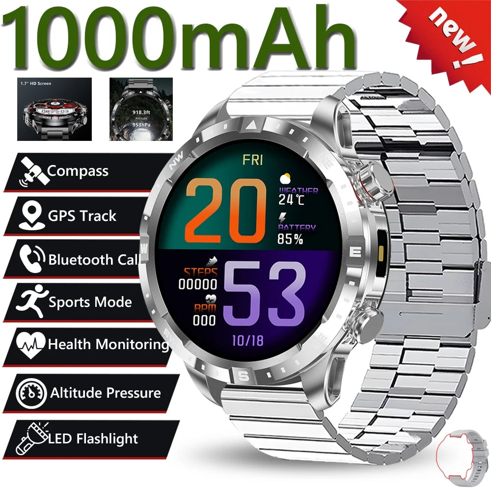 2026 New Military 1000mAh Battery Smart Watch 1.7-inch HD Large Screen LED Flashlight Sport Mode Bluetooth Call Smartwatch Men