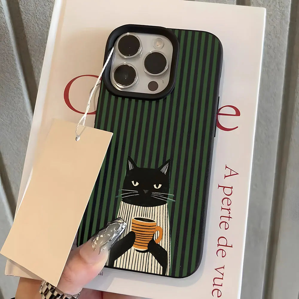 Funny Coffee Cat Pattern Lychee Soft Phone Case For iPhone 17 16 15 14 13 12 11 Pro Max 15 Plus 17 Air X Xs XR Shockproof Cover
