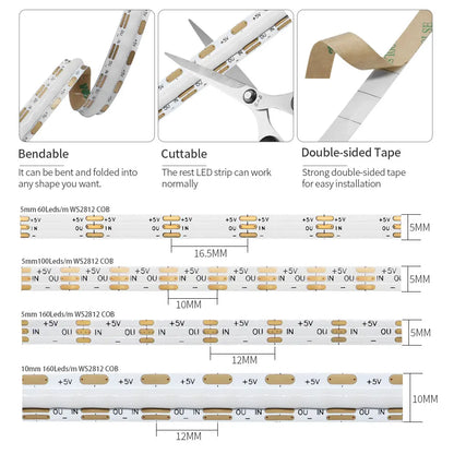 WS2812B RGBIC Individually Addressable COB LED Strip WS2812 High Density 60/100/160Leds/m 5mm/10mm COB Led Light DC5V