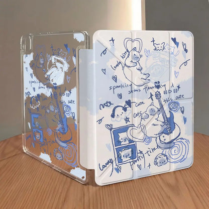 Korean Kawaii Blue Guitar Cat For iPad Pro Air 13 11 M5 M4 M3 M2 2 1 11th A16 12.9" 10 9 8 7 6 5 Th Mini 7 6 5 4 7.9" Case
