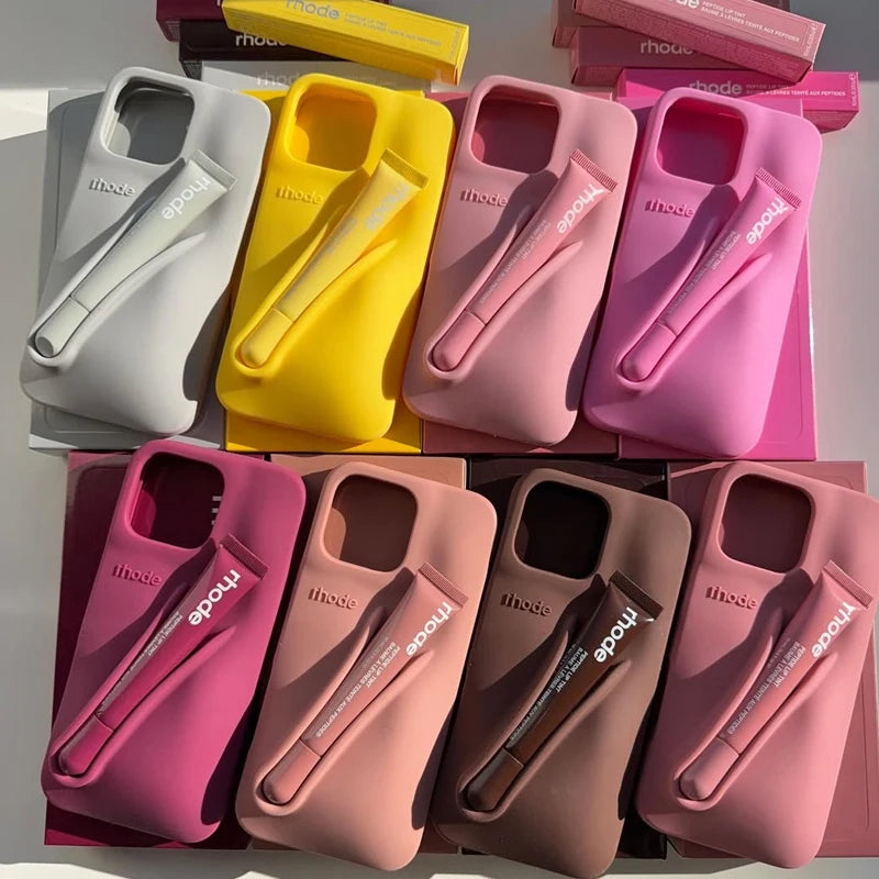 With Box Lipstick Rhod Phone Case for iPhone 16 17 Air 15 14 13 12 11 Pro Max Plus Makeup Lip Gloss Holder Silicone Back Cover