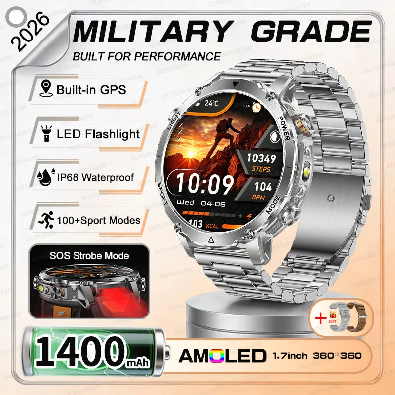 NEW Military 1400mAh Battery SmartWatch Men Outdoor LED Flashlight IP68 Waterproof Heart Rate SOS Bluetooth Call Sports Bracelet