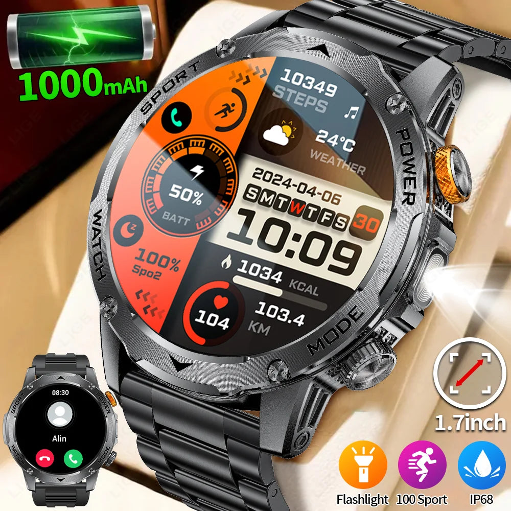 LIGE New Military Outdoor Sport Smart Watch Men Flashlight IP68 Waterproof 1.7" HD Wireless Call Smartwatch 1000mAh Big Battery