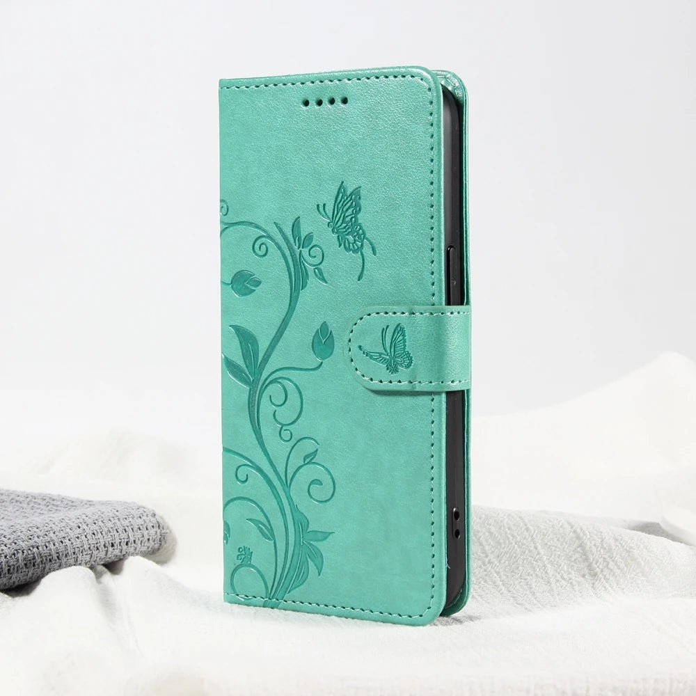 Butterfly Flower Leather Case For iPhone 17 Air 16 17e 16e 15 14 13 12 Mini 11 Pro Max Plus Flip Wallet Card Slot Book Cover