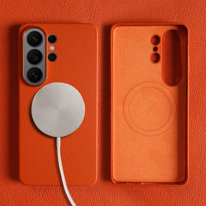 Genuine Leather Cases Magnetic Wireless Charging Lychee Pattern for Samsung Galaxy S26 Ultra S25 S24 S23 S22 S21 S20 Back Cover