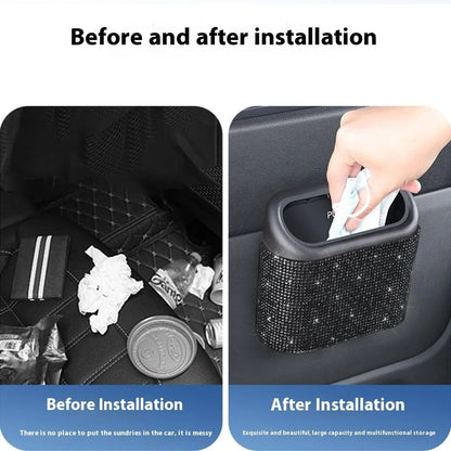 Artificial Rhinestone-Embellished Car Trash Can with 60 Dedicated Trash Bags, Car Interior Hanging Storage Box with Automatic Lid, Multifunctional Car Accessory