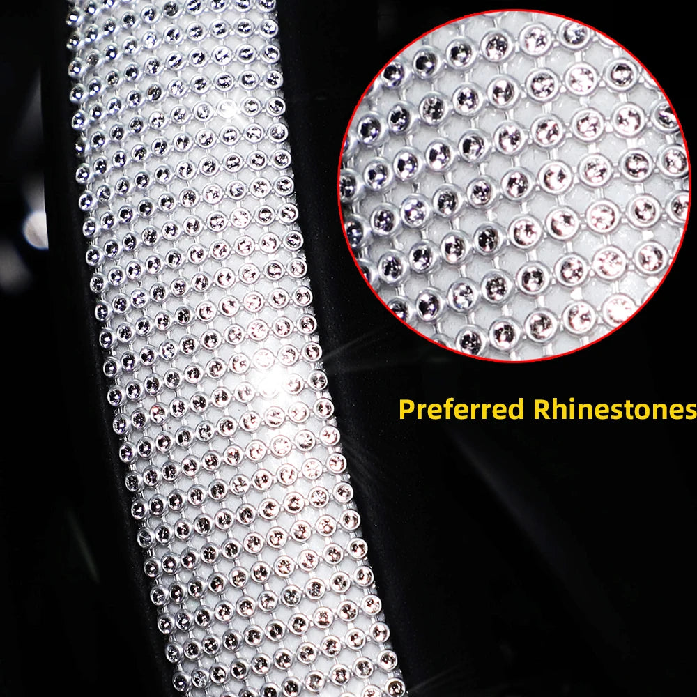 Women's PU Leather Car Interior Wheel Cover with Flashing Mesh Rhinestones for 14.5-15 Inch Car Accessories