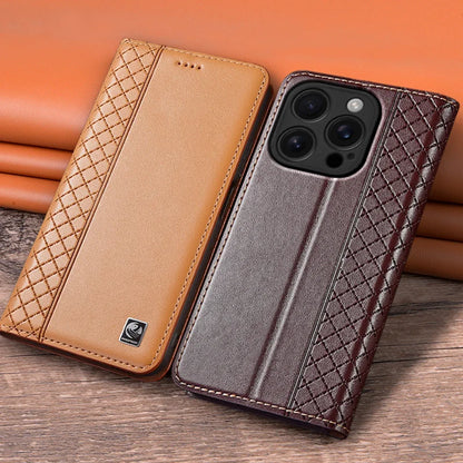 For APPLE iPhone 17 16 16E 15 14 Pro Max Air Plus Flip Case Grid Pattern Magnetic Cover Cowhide Genuine Leather Wallet Covers