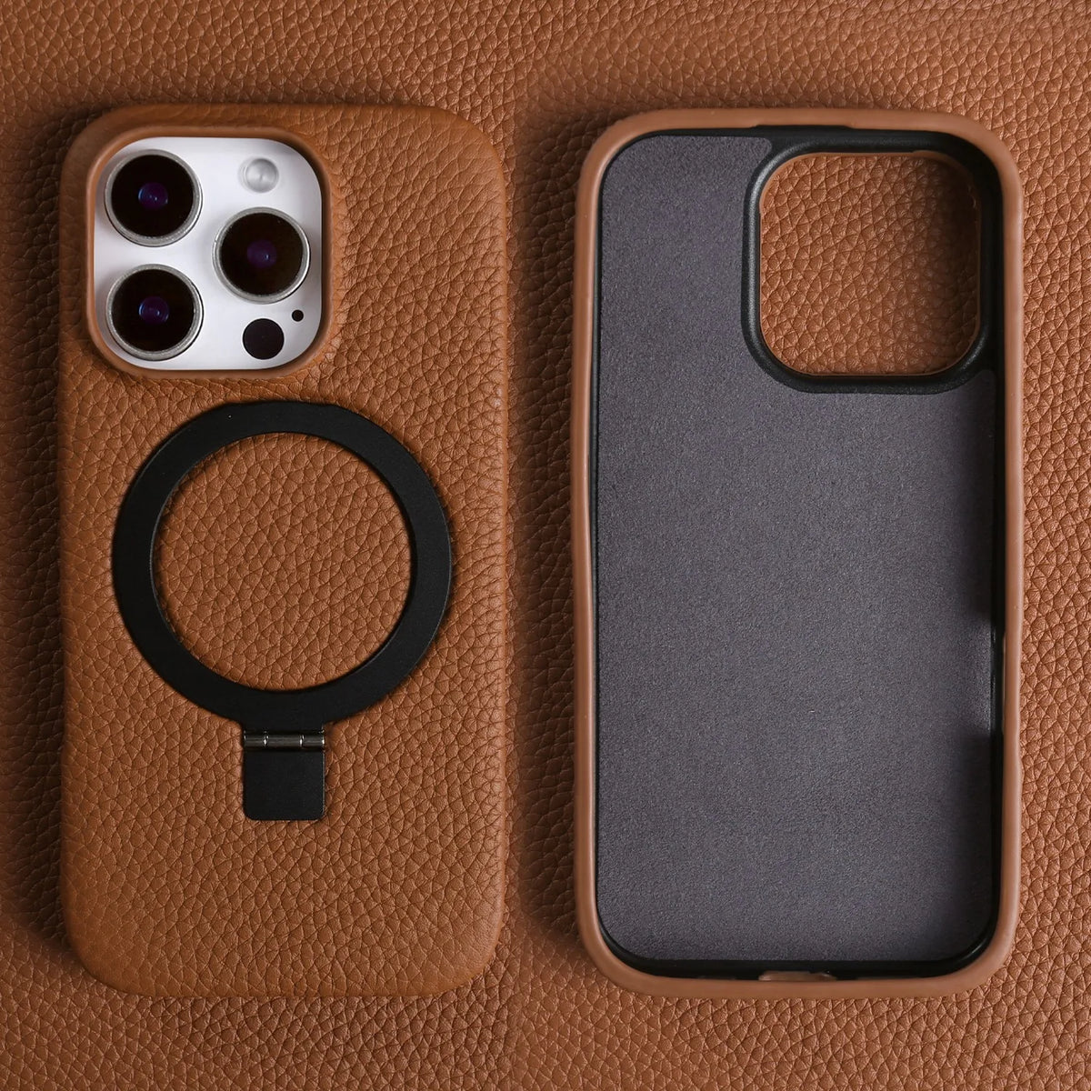 Magnet Ring Stand Phone Case For iPhone 16 Pro Max 16e 15 13 14 12 11pro Cover Genuine Leather Case Magnetic Back Cover Cases