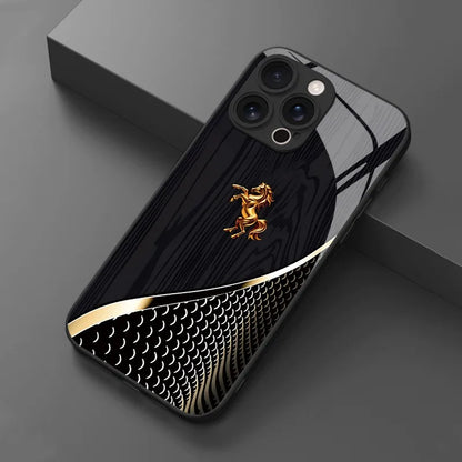 Stylish Golden Horse Tempered Glass Phone Case For iPhone 17 16 Pro 16E 15 14 13 12 11 Pro Max 17 Air X XR XS 7 8 Plus Cover