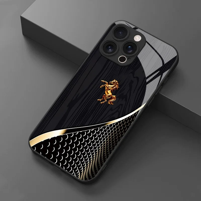 Stylish Golden Horse Tempered Glass Phone Case For iPhone 17 16 Pro 16E 15 14 13 12 11 Pro Max 17 Air X XR XS 7 8 Plus Cover