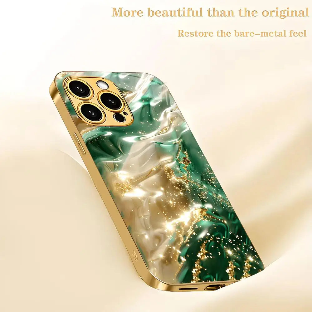 Gilded fluid marble glass phone case suitable for iPhone 17 16 15 14 13 12 11 Pro/Max/Plus anti drop and shockproof back cover