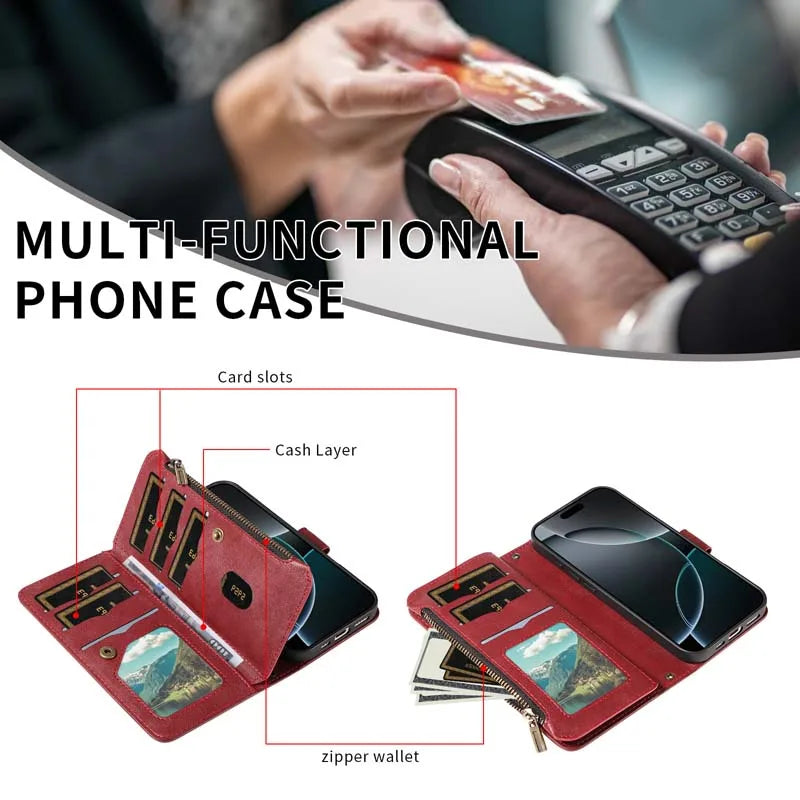 Leather Case For Samsung Galaxy S25 FE S26 Ultra S7 Edge S8 S9 Plus S10 Lite Note 10 8 Flip Wallet Zipper 9 Card Phone Cover
