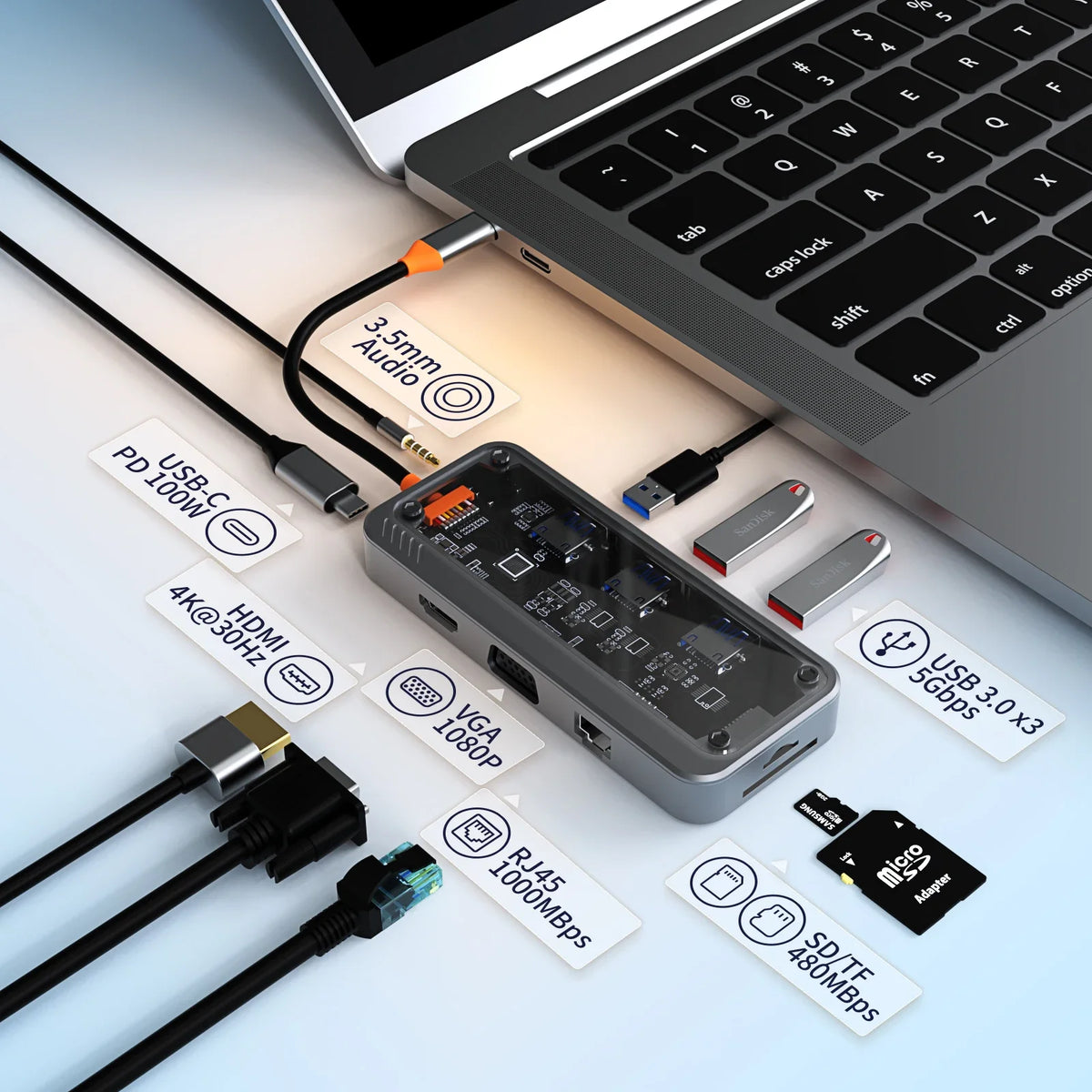 USB C Hub 10 in 1 Docking Station Type-C to PD HD-MI USB3.0*3 SD TF Ethernet RJ45 1000M VGA AUDIO 3.5mm For MacBook M1 M2