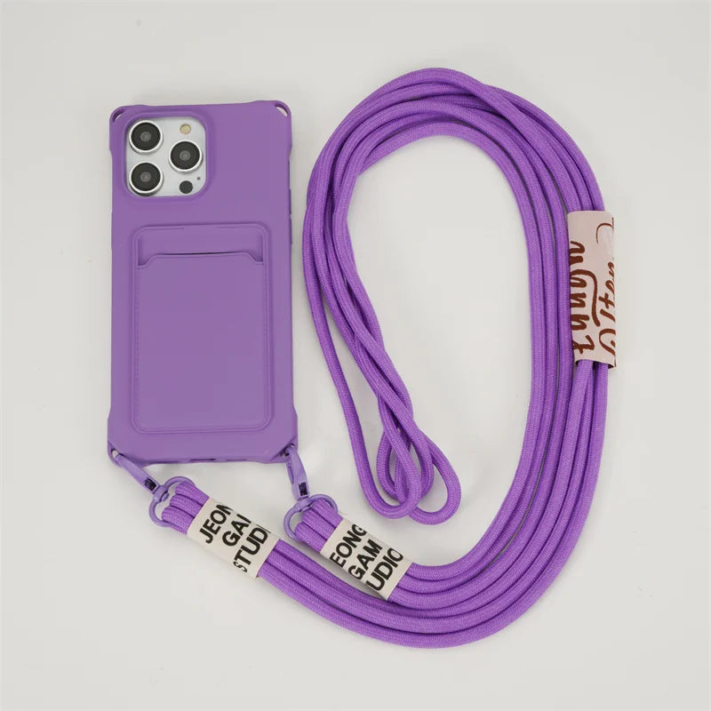 Strap Case For iPhone 17 Pro Max 16 15 14 12 11 13 Mini Plus Air Shockproof Silicone Card Slot Crossbody Necklace Lanyard Cover
