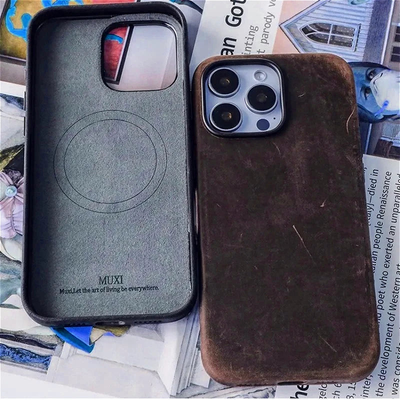Magnetic Wireless Charging Crazy Horse Leather Case for iPhone 16 Pro Max 17 15 Pro 14 All-inclusive Protection Matte Phone Case