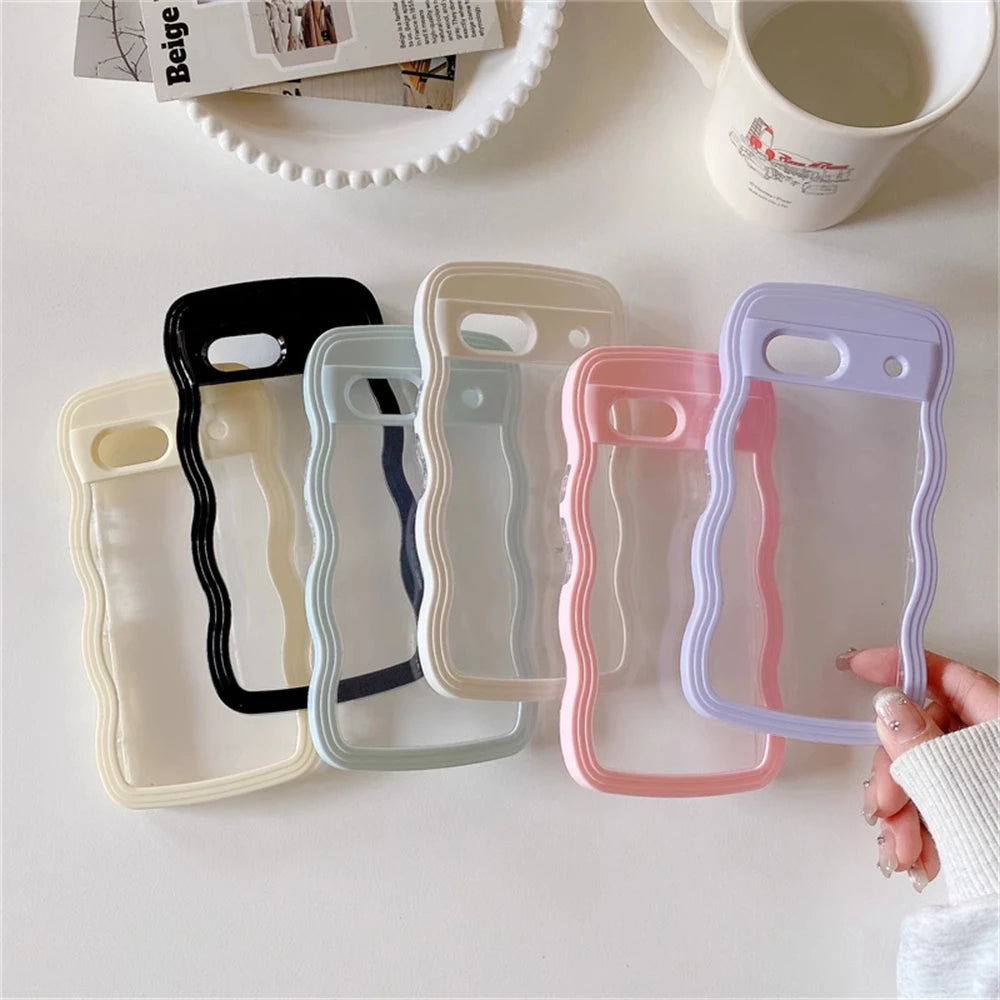 2IN1 Cute Curly Wavy Transparent Phone Case For Google Pixel 11 11Pro 10 10Pro 9 9Pro 9A 8 8A 7A Candy Color Shockproof Cover