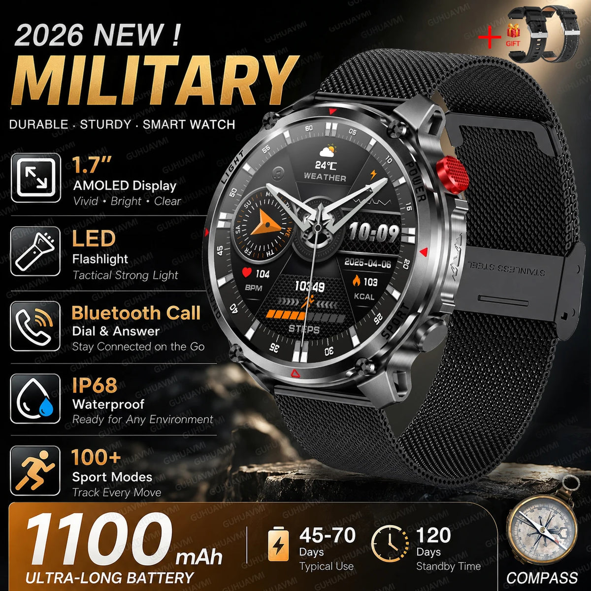 New Men Outdoor Military 1100mAh Large Battery Smart Watch Compass GPS Track IP68 Waterproof LED Flashlight BT Call Smartwatch