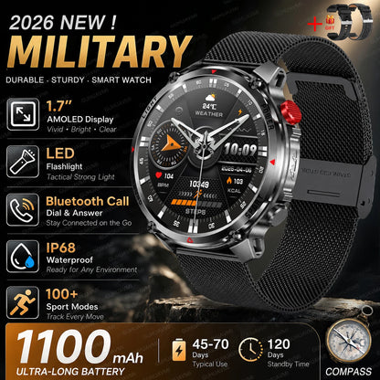 New Men Outdoor Military 1100mAh Large Battery Smart Watch Compass GPS Track IP68 Waterproof LED Flashlight BT Call Smartwatch