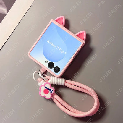 Cute Cat Ears Hinge Phone Case For Samsung Galaxy Z Flip 8 7 6 5 4 3 flip6 zflip7 ZFlip 8 Cover