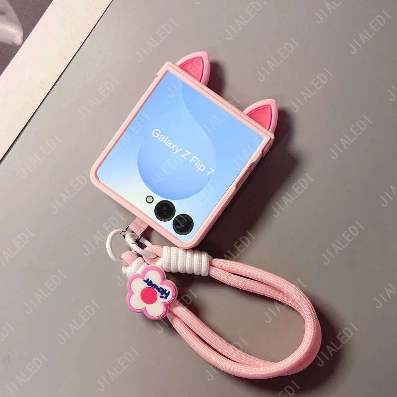 Cute Cat Ears Hinge Phone Case For Samsung Galaxy Z Flip 8 7 6 5 4 3 flip6 zflip7 ZFlip 8 Cover