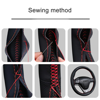 Universal 38cm Hand-Sewn Car Steering Wheel Cover Microfiber Leather Soft Wear-Resistant with Needles Thread Steering Wheel Skin