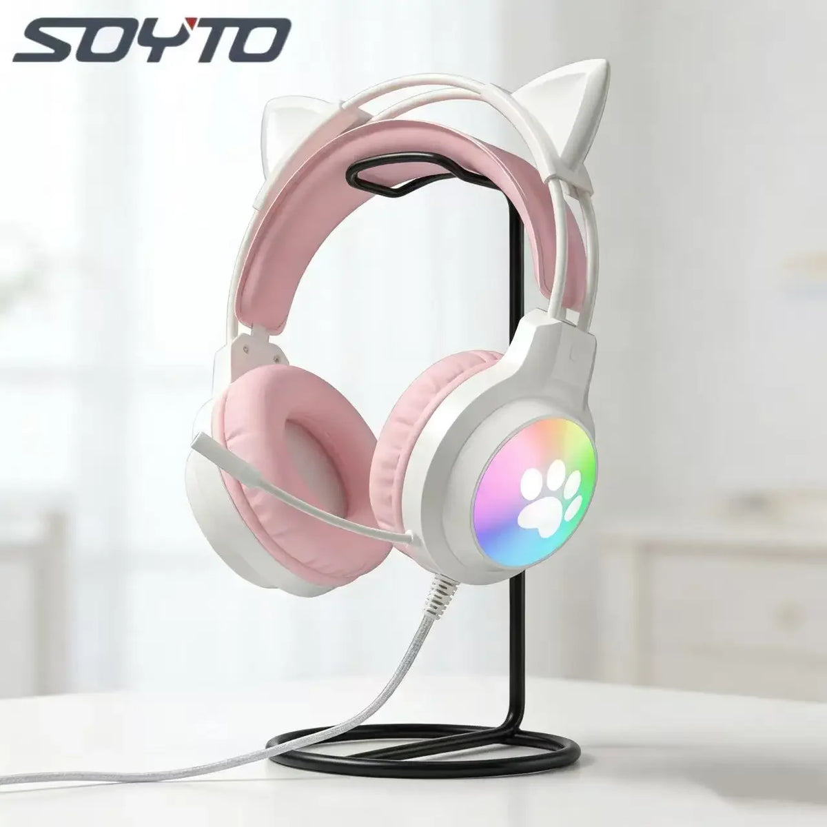 SOYTO Wired Cat Ear Headphones RGB LED Light Up Gaming Headset 3D Deep Bass Stereo Headphones with Mic for PC Laptop Girls