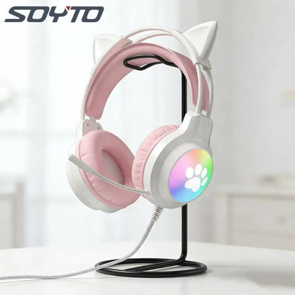 SOYTO Wired Cat Ear Headphones RGB LED Light Up Gaming Headset 3D Deep Bass Stereo Headphones with Mic for PC Laptop Girls
