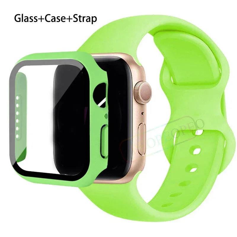 Glass+Case+Strap For Apple Watch band 44mm 41mm 45mm 40mm 38mm 42mm Silicone bracelet iWatch series 9 8 3 4 5 6 se 7 watchbands
