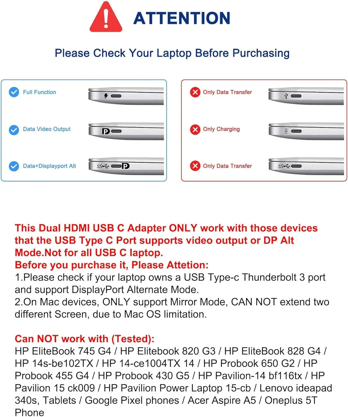 USB C to Dual 4K HD Display Adapter Thunderbolt3 Docking Station Hub Two Monitors for Windows10/11 Laptop Mirror and Extend Mode