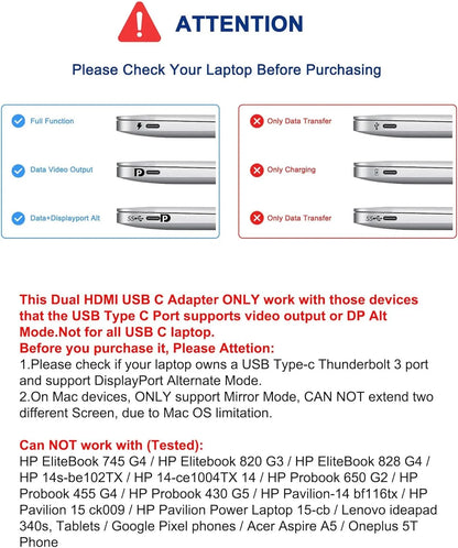 USB C to Dual 4K HD Display Adapter Thunderbolt3 Docking Station Hub Two Monitors for Windows10/11 Laptop Mirror and Extend Mode