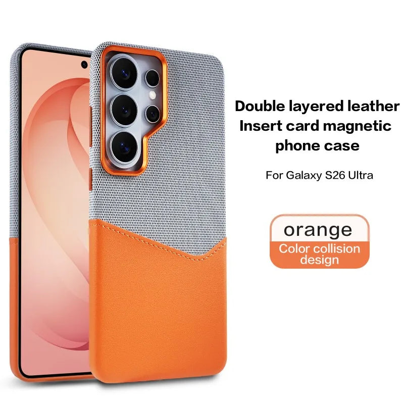 Card Slot Holder Linen Leather MagSafe Phone Case For Samsung S26Ultra S25Ultra S24U Magnetic Wireless Charging Shockproof Cover
