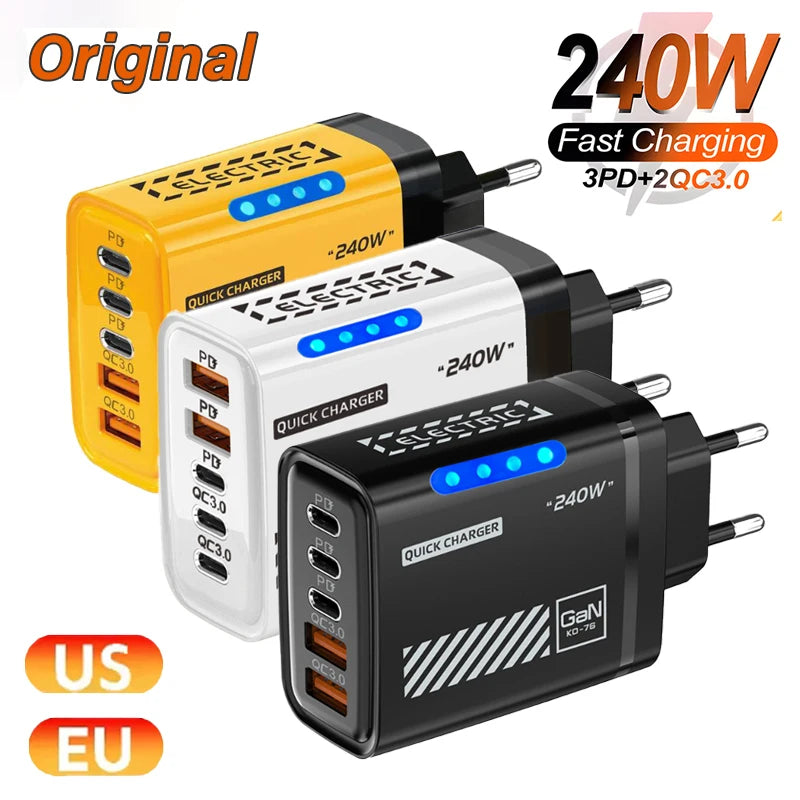 New 240W GaN Phone Fast Charger 5 Ports 3USB 2PD Fast Charging QC 3.0 Wall Charger Adapter For iPhone Samsung Xiaomi US EU