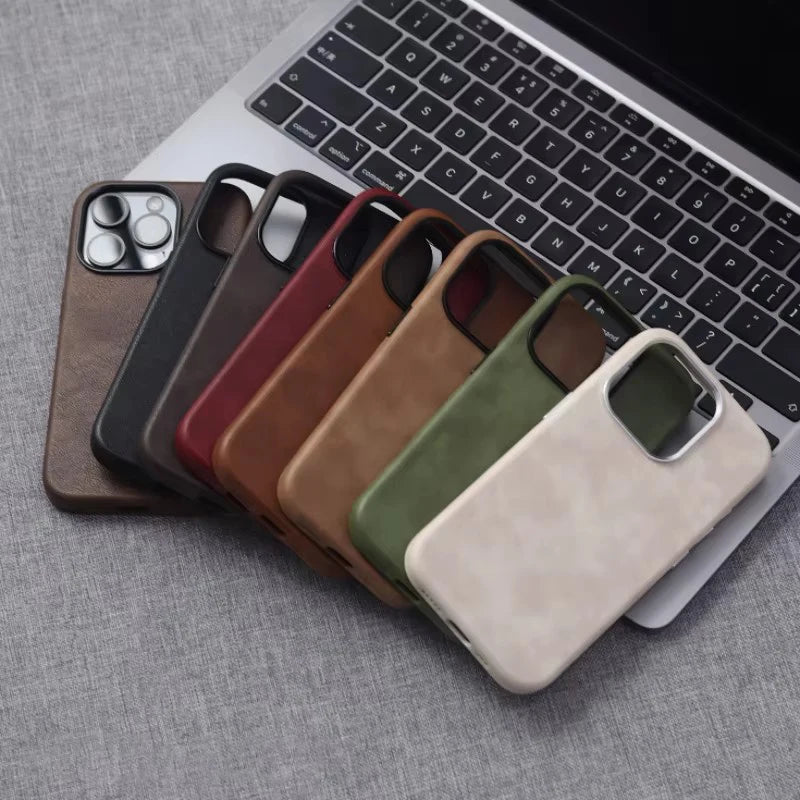 Retro Crazy Horse Leather for MagSafe Case For iPhone 18Pro 15 14 13 12 17 Pro Max Simple Leather Texture Magnetic Phone Case