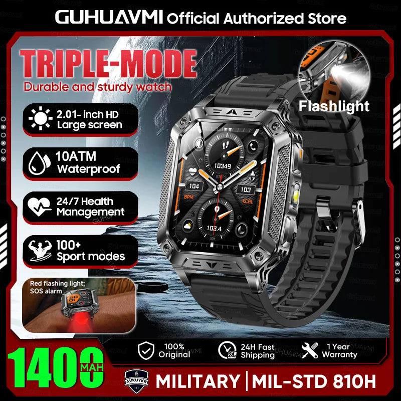 2026 New 1400mAh Large Battery Military Outdoor 2.01 inches Smart watch Men 10ATM Waterproof Bluetooth Call Sports Smart Watch