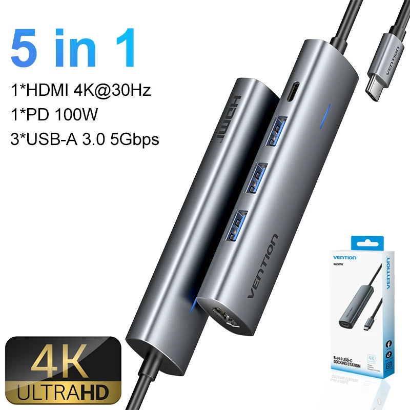 Vention 5 in 1 USB C 4K 60Hz HDMI HUB USB 3.0 HUB PD 100W Multiport Docking Station Adapter for MacBook Dell iPhone iPad Android