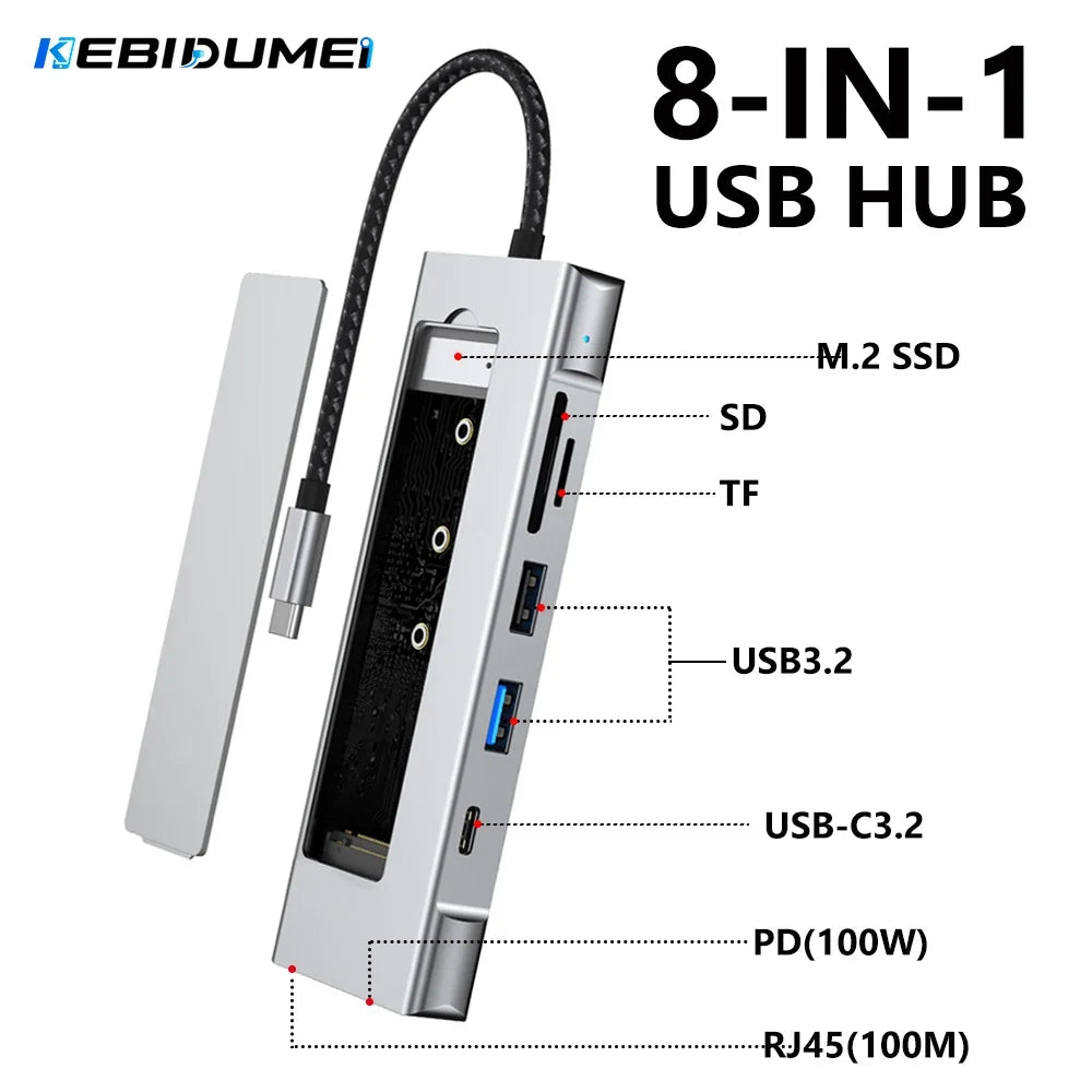 KEBIDUMEI 8-in-1 M.2 SSD Docking Station with Disk Storage 10Gbps USB 3.2 HUB USB C To SATA+NVME HDMI Adapter For Laptop Macbook