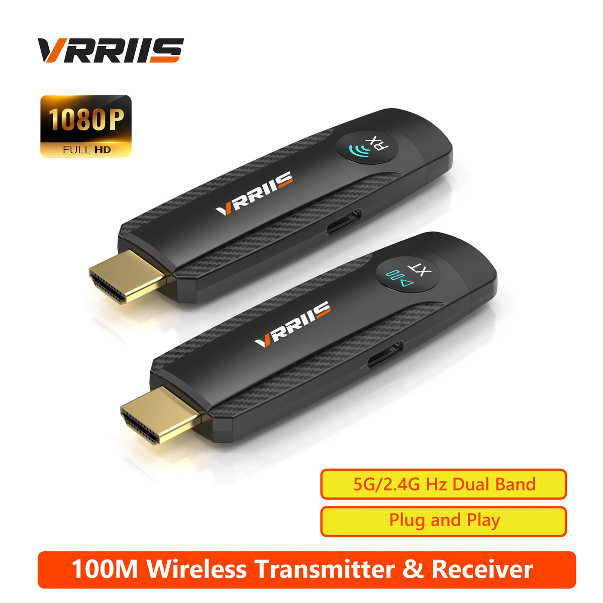 1080P HDMI Dual Band Wireless Transmitter and Receiver 100M Transmission Mini Video TV Stick Extender for Office Conference Home