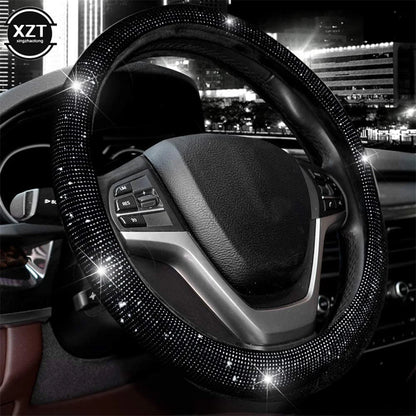 Universal 38CM Rhinestones Steering Wheel Cover with Crystal Diamond Sparkling Car Breathable Anti-Slip Steering Wheel Protector