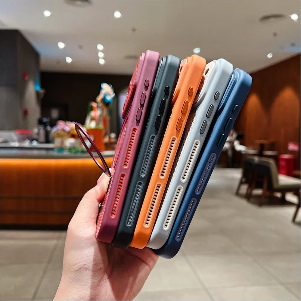 Luxury Heat Dissipation Cooling Mesh Hole Case for iPhone 17 16 15 14 Plus 13 12 Pro Max For Magsafe Stand Holder Armor Cover