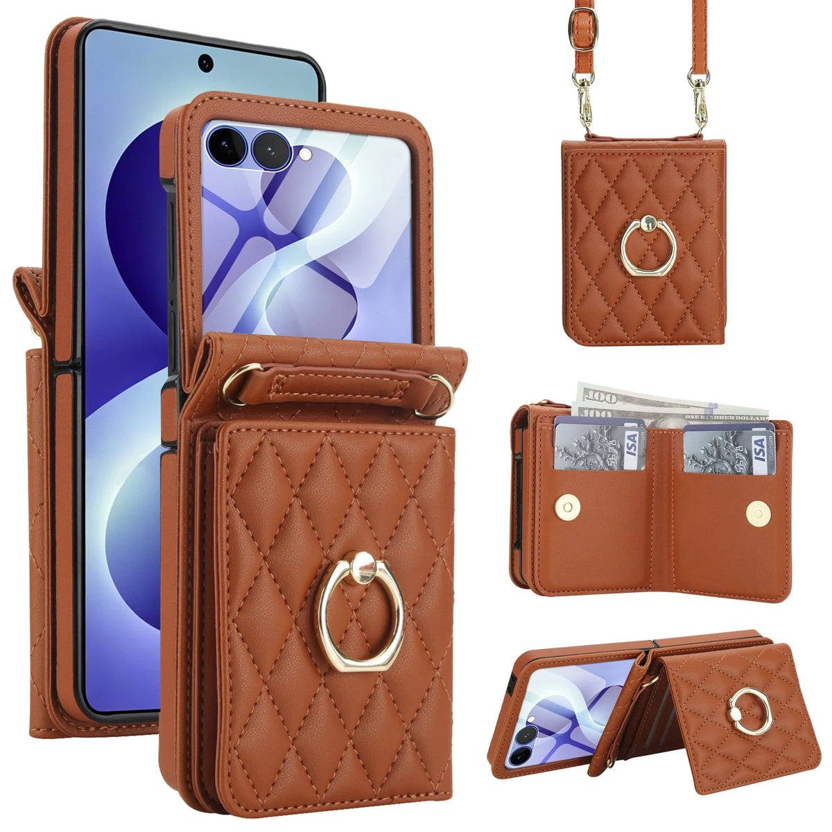 Crossbody Lanyard Leather Wallet Ring Holder Phone Case With Mirror Film For Samsung Galaxy Z Flip 8 7 6 5 4 3 Pocket Back Cover