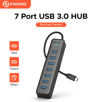 PHIXERO 7 in 1 USB HUB 3.0 Type C 7 Ports Multi Splitter Adapter OTG USB Power Adapter for Macbook Pro 13 Air Mi Pro PC Laptop