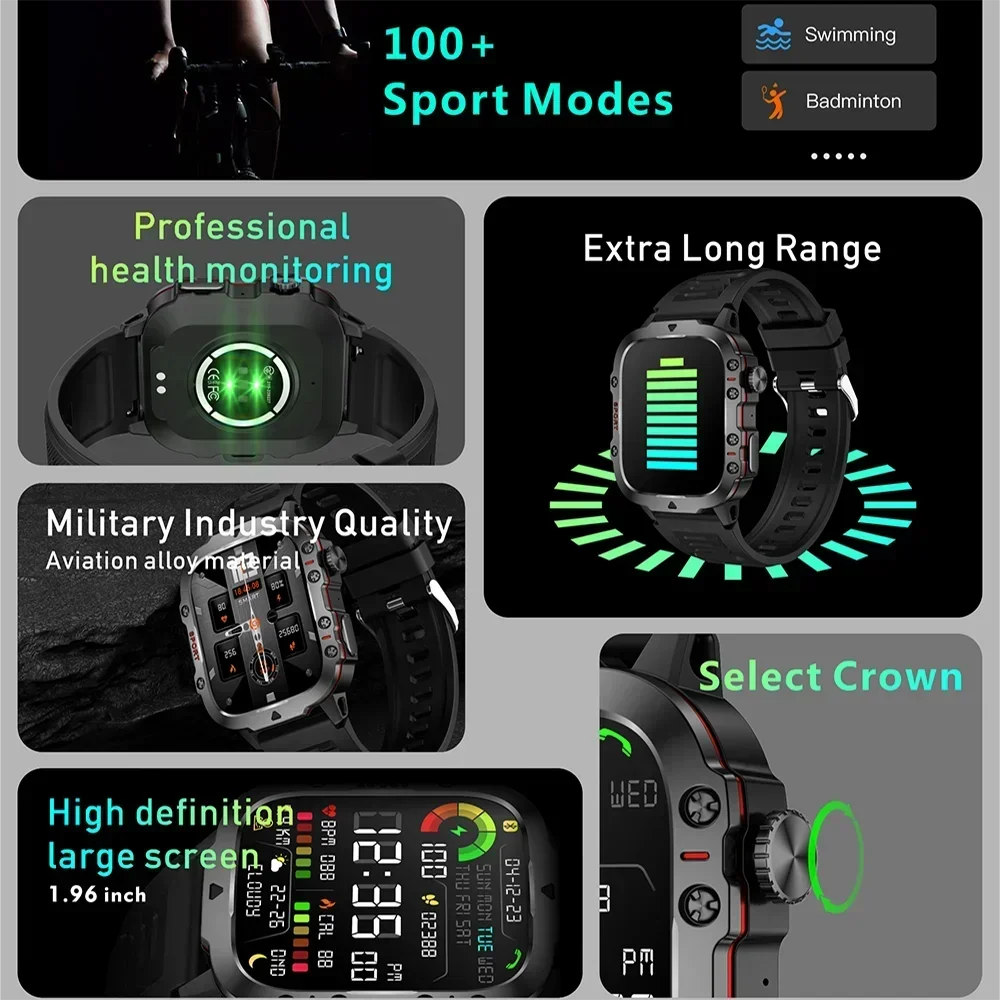 NEW Electronic Military Men Smart Watch Bluetooth Call Fitness Clock Heart Monitor Sport Watches 3ATM Waterproof Smartwatch 2026