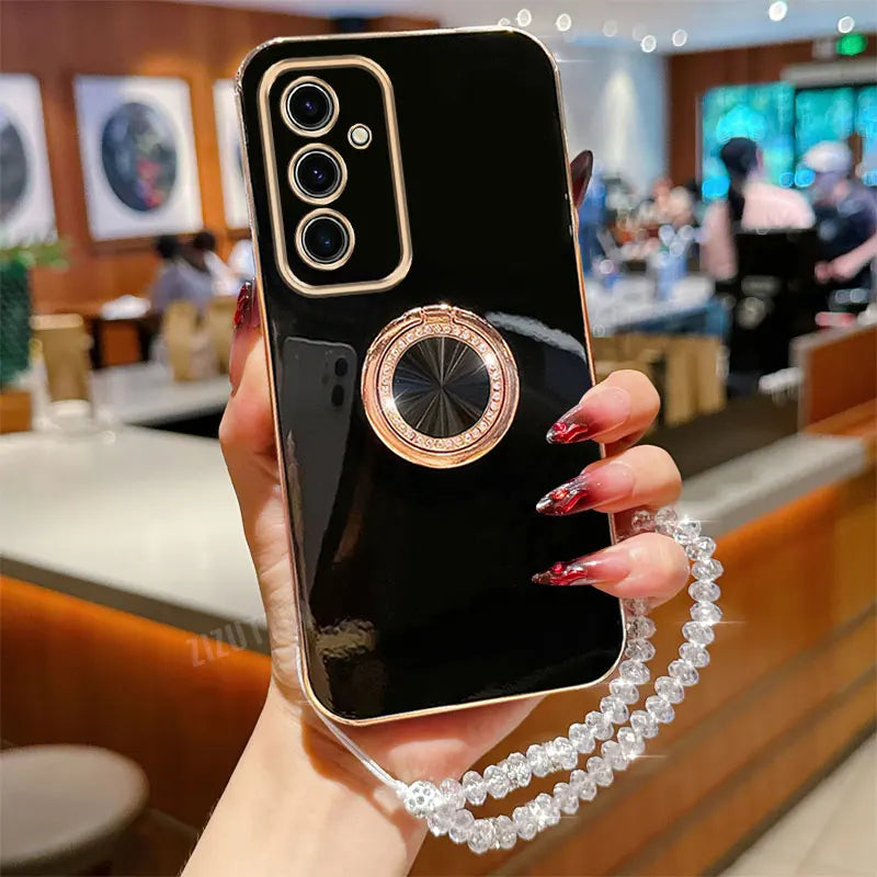 Crystal Strap Lanyard Luxury Circle Phone Holder Case For Samsung Galaxy S24 S20 S21 S22 S23 S25 FE Note 10 20 Plus + Ultra Back