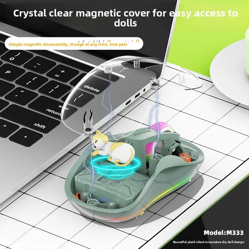 Wireless Bluetooth Tri-Mode Transparent Gaming Mouse with RGB Light, Ergonomic Design, Rechargeable & Magnetic Doll Accessory