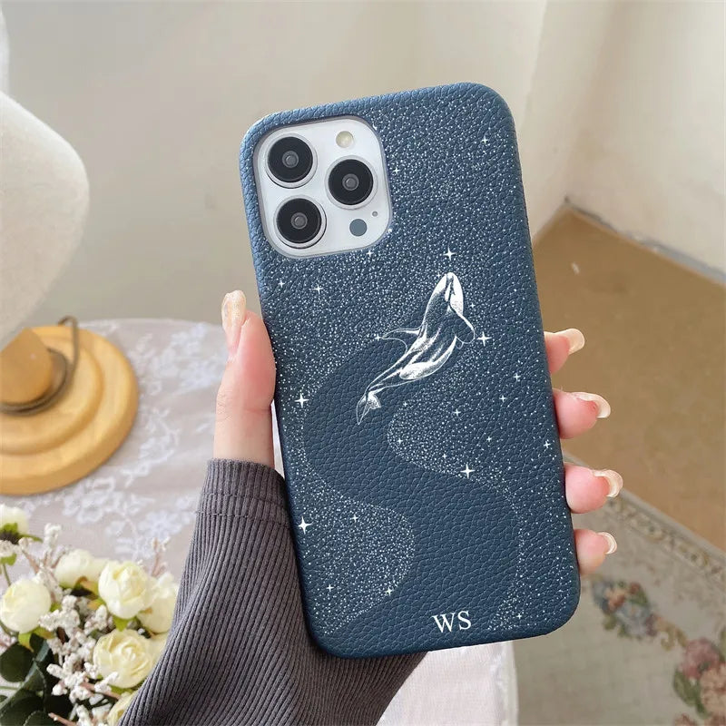 Personalised Letters Pebble Grain Leather Stars Whale Casesfor iphone 17 12 14 13 15 16 Pro Max 17 air 14Plus Luxury Hard Covers