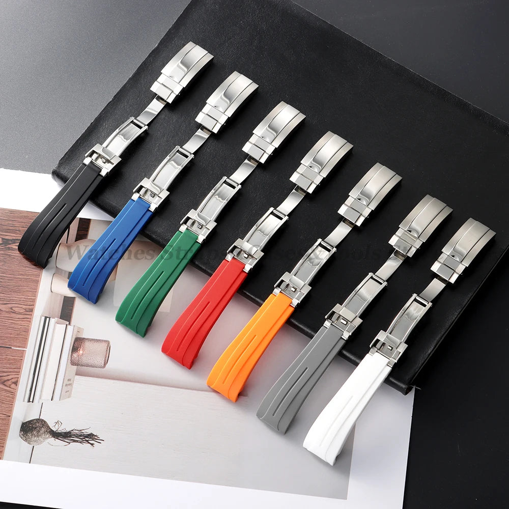Curved Rubber Watch Bracelet 20mm 21mm 22mm for Rolex Green Water Ghost for Oysterflex Waterproof Silicone Folding Buckle Straps