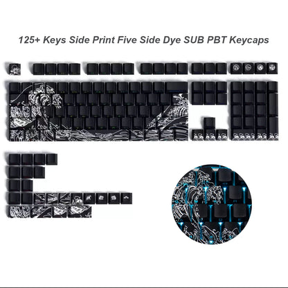 Kanagawa Themed Top/Side Printed RGB Backlit Keycaps 125 Keys Dye Sub PBT Keycaps Cherry Profile for Cherry MX Swtches Keyboard