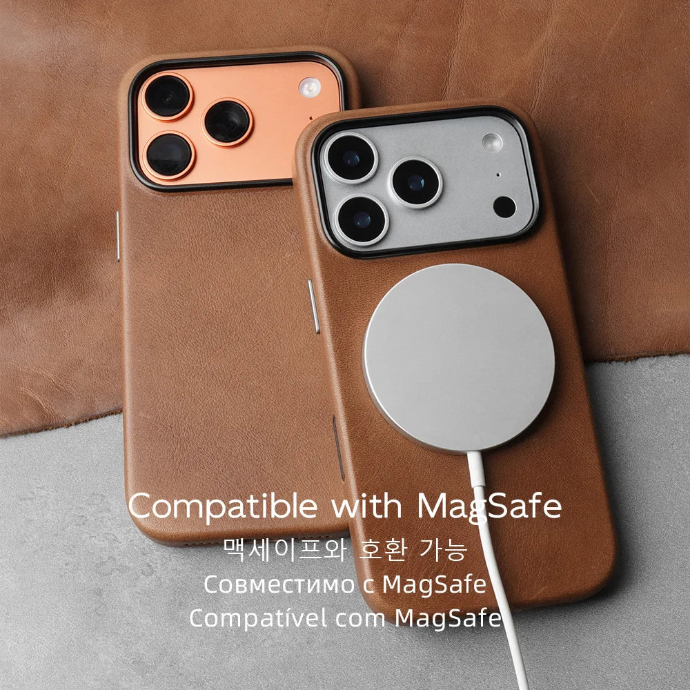 YMW Magnetic Genuine Leather Case for iPhone 18 17 16 Pro Max 15 14 Compatible with MagSafe Nature Cowhide Retro Phone Cover