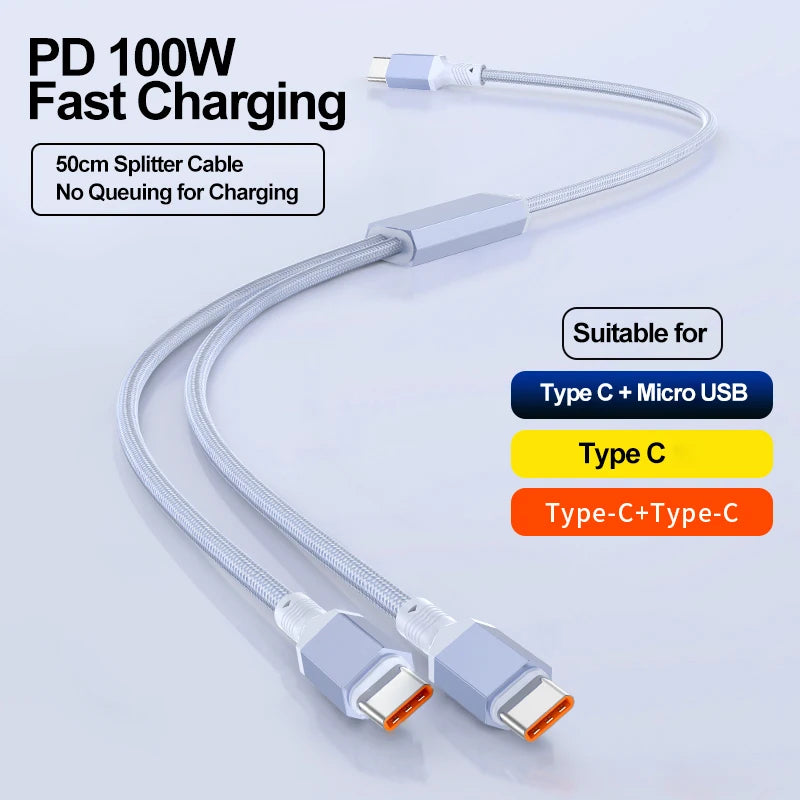 2 in 1 USB C to Dual Type C PD Fast Charging Data Cable,Multi Functional Braided Cord for iPhone 17/17Pro/16 Max Series,Samsung